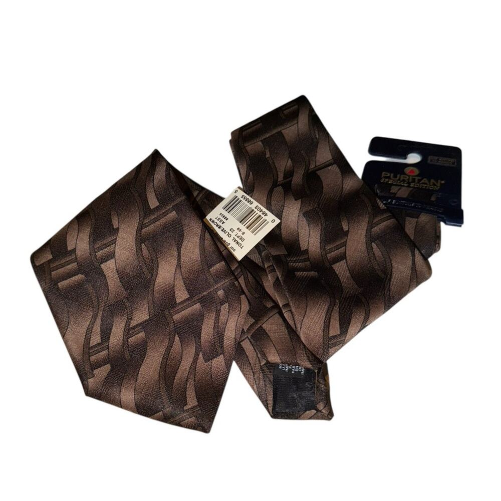 Puritan Polyester Tie Tonal Olive Brown Abstract Pattern Made in USA‎ NWT Career